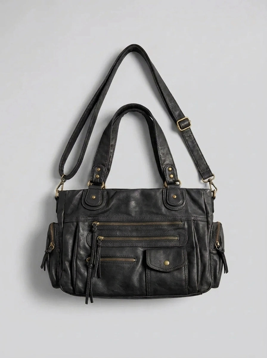 Y2K Hobo Bag Multi-Pocket Washed Leather Streetwear — Vintage Washed Leather