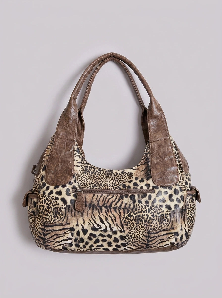 Leopard Print Multi-Pocket Hobo Shoulder Bag in Beige