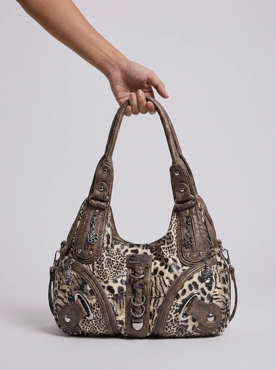 Leopard Print Multi-Pocket Hobo Shoulder Bag in Beige