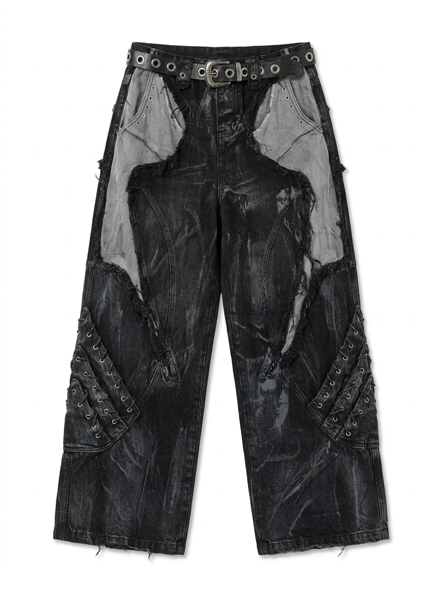 Riot Patchwork Contrast Raw Edge Wide Leg Jeans in Washed Black