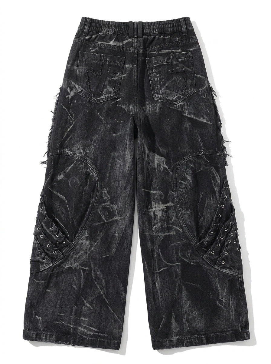 Riot Patchwork Contrast Raw Edge Wide Leg Jeans in Washed Black