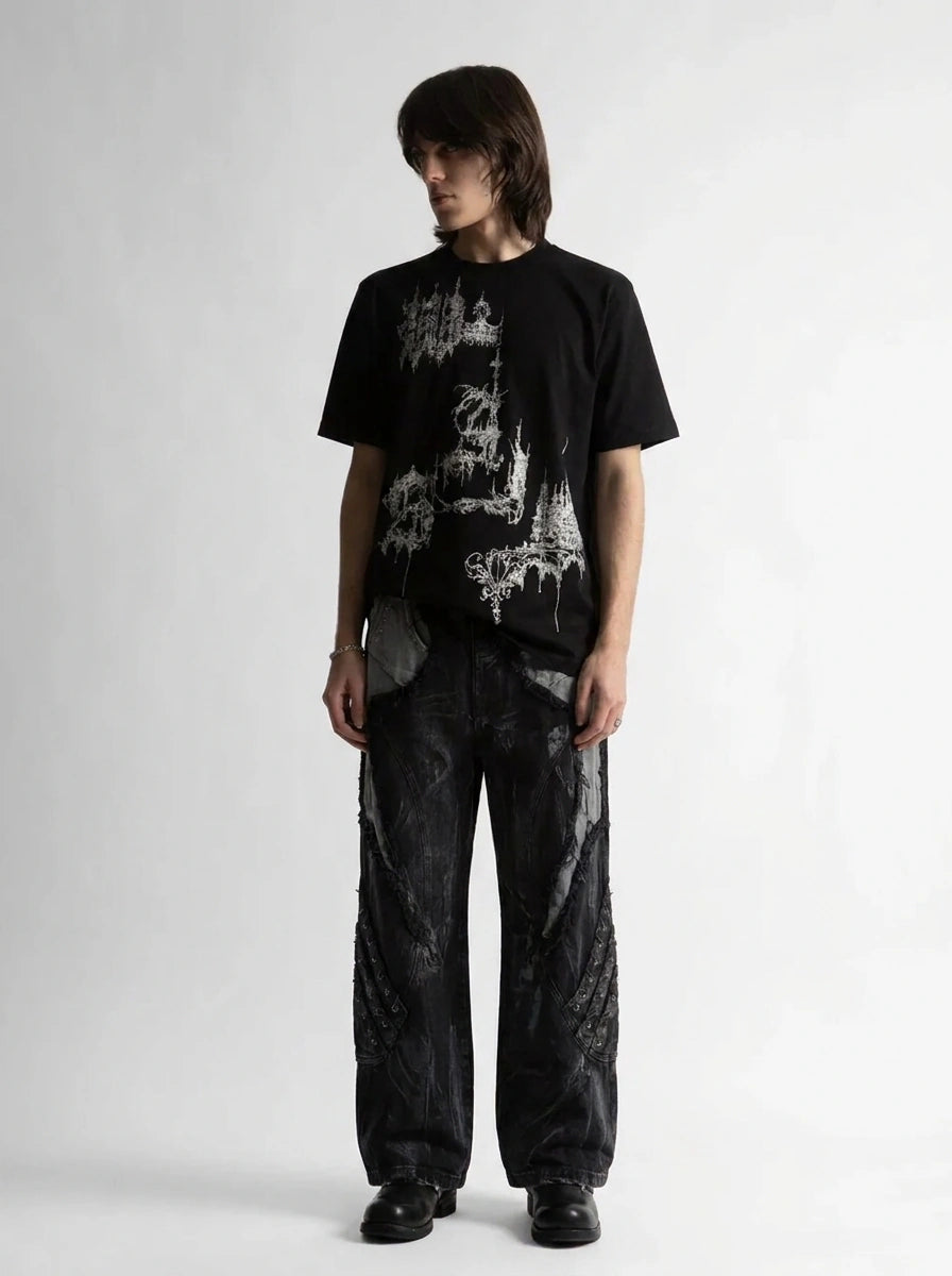 Riot Patchwork Contrast Raw Edge Wide Leg Jeans in Washed Black