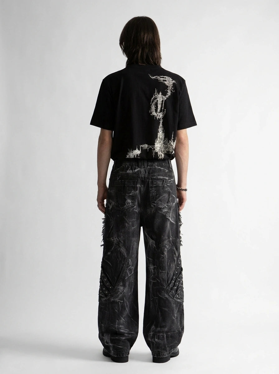 Riot Patchwork Contrast Raw Edge Wide Leg Jeans in Washed Black