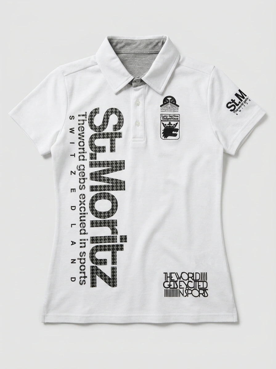 Houndstooth Badge Print Slim Crop Polo Tee in White