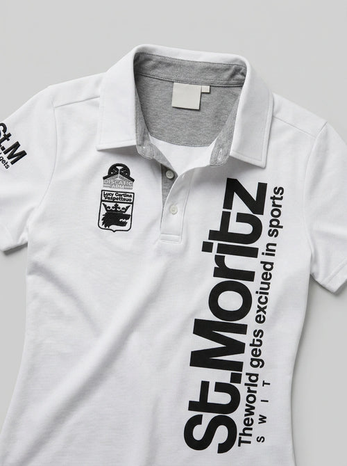 Houndstooth Badge Print Slim Crop Polo Tee in White