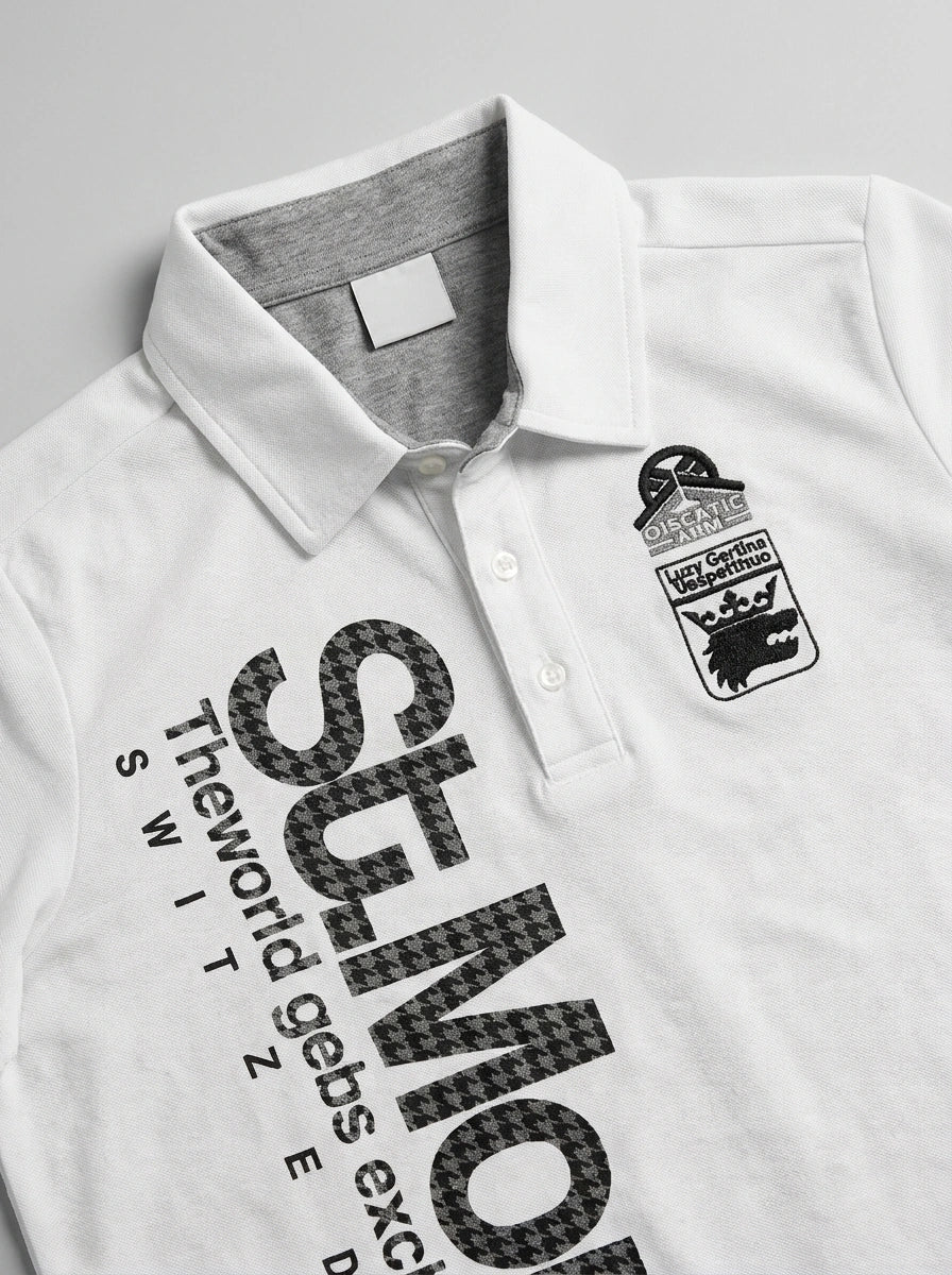 Houndstooth Badge Print Slim Crop Polo Tee in White