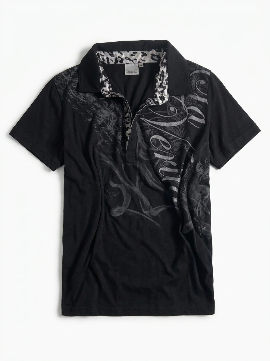 Y2K Crop Polo Gothic Scroll Print Black Gothic — Riot Gothic Scroll