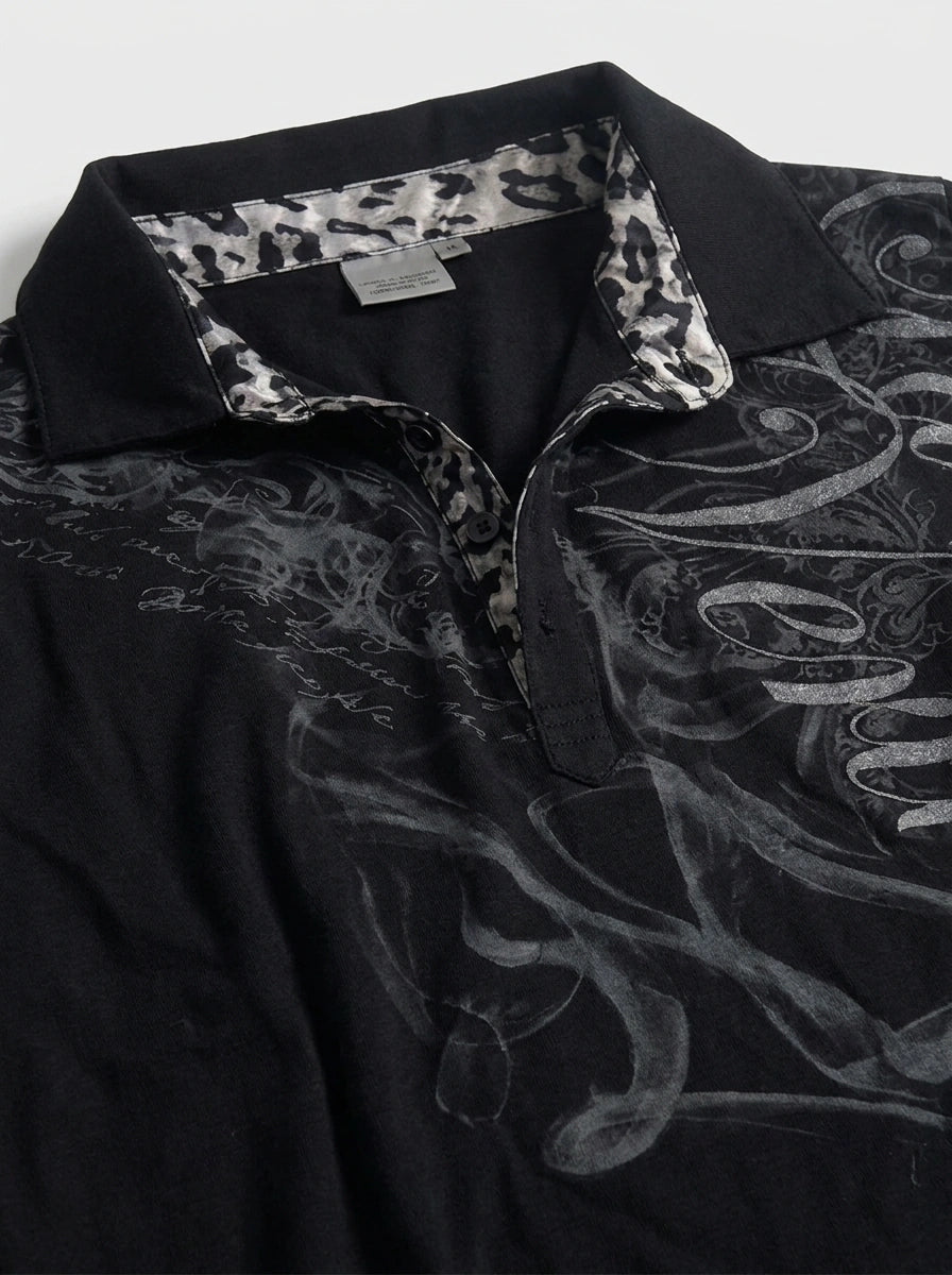 Riot Gothic Scroll Print Crop Polo Tee in Black