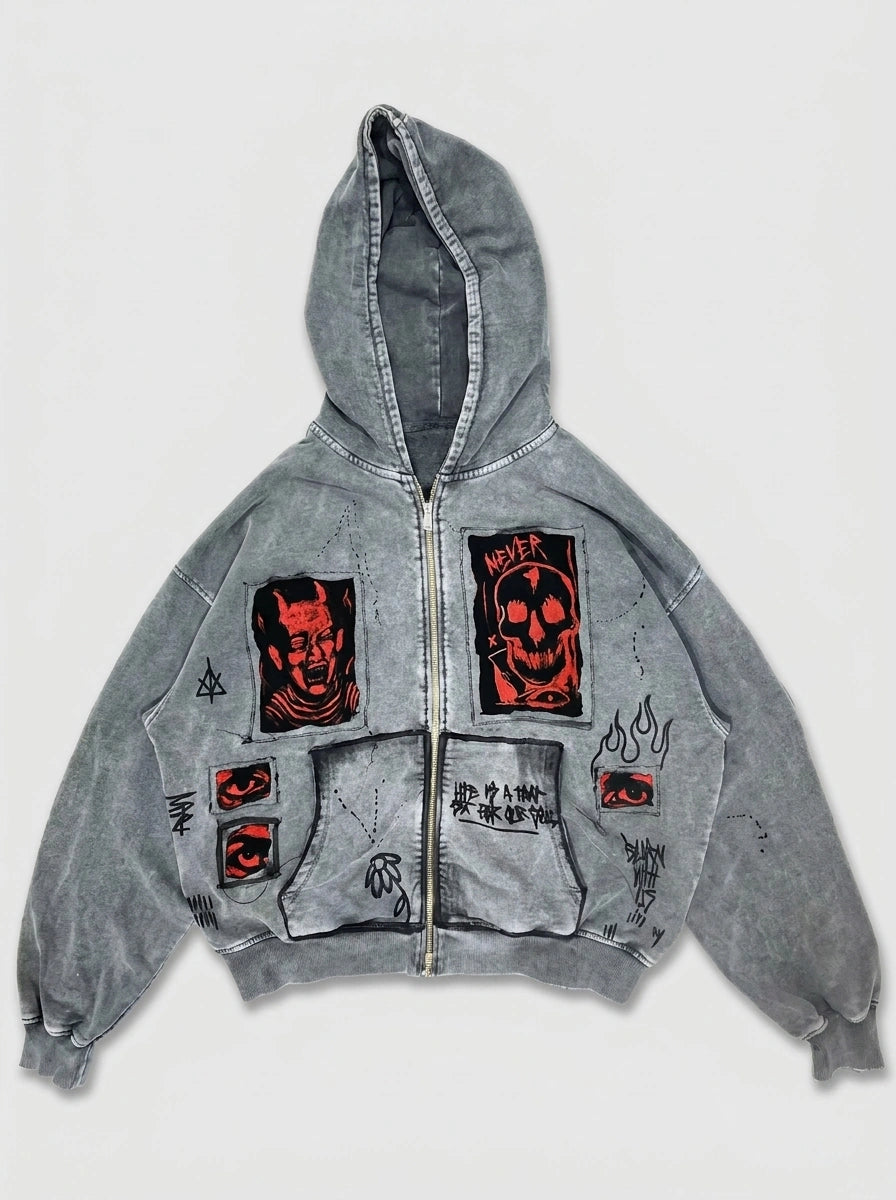 Riot Devil Skull Patch Washed Zip-Up Hoodie in Grey