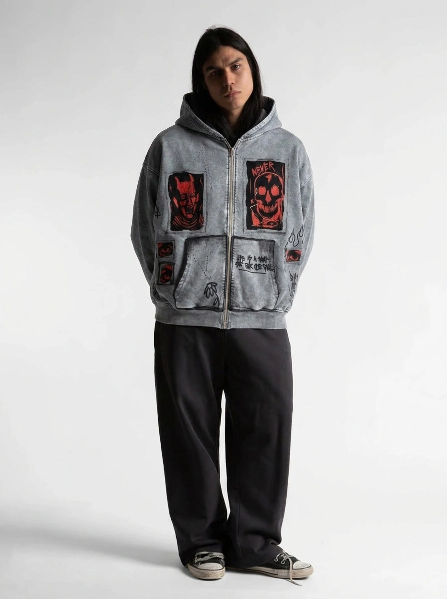 Riot Devil Skull Patch Washed Zip-Up Hoodie in Grey