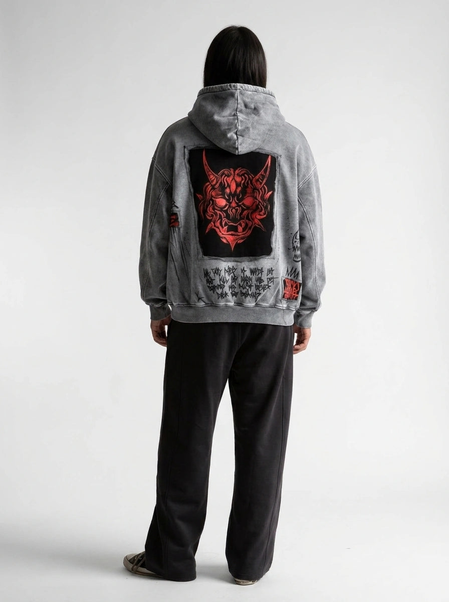 Riot Devil Skull Patch Washed Zip-Up Hoodie in Grey