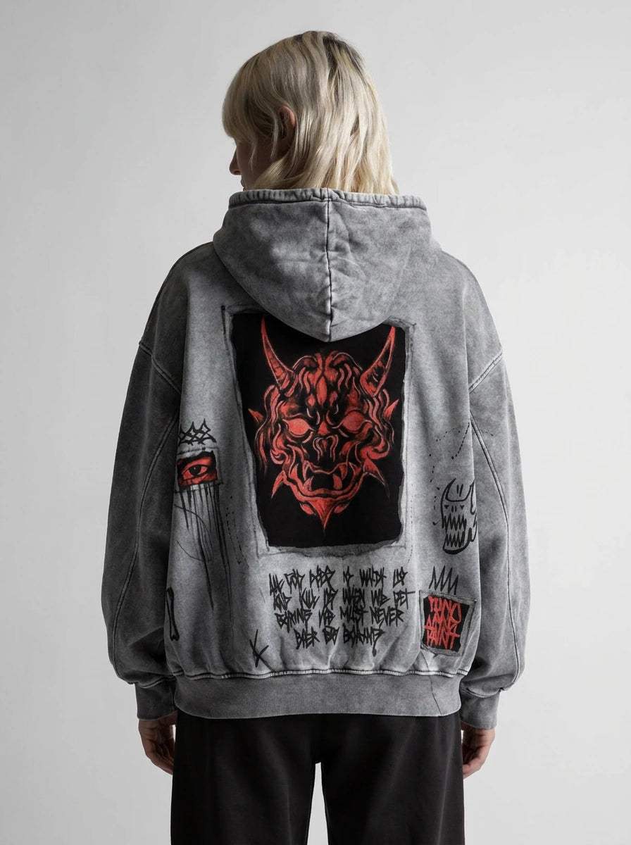 Riot Devil Skull Patch Washed Zip-Up Hoodie in Grey