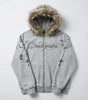 Riot Cross Rosary Print Faux Fur Hood Zip-Up Jacket