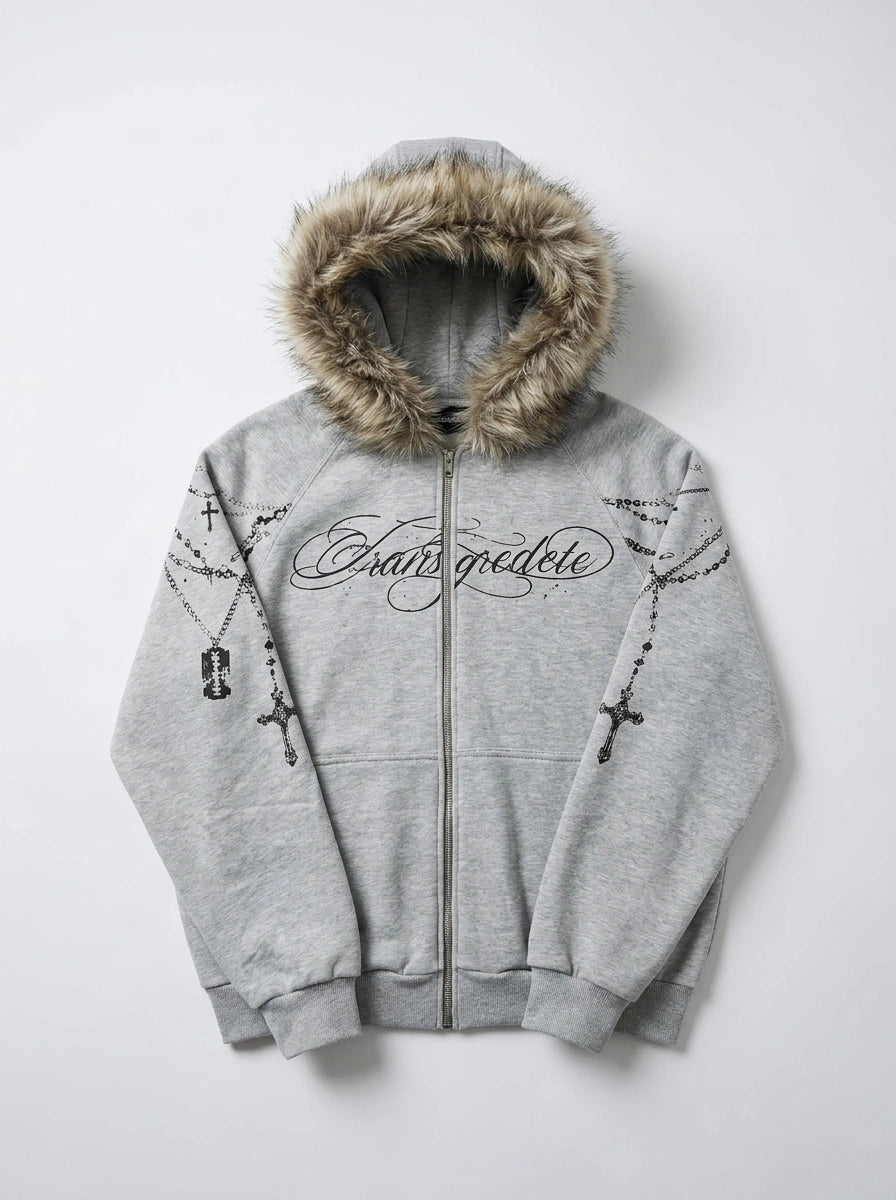 Riot Cross Rosary Print Faux Fur Hood Zip-Up Jacket