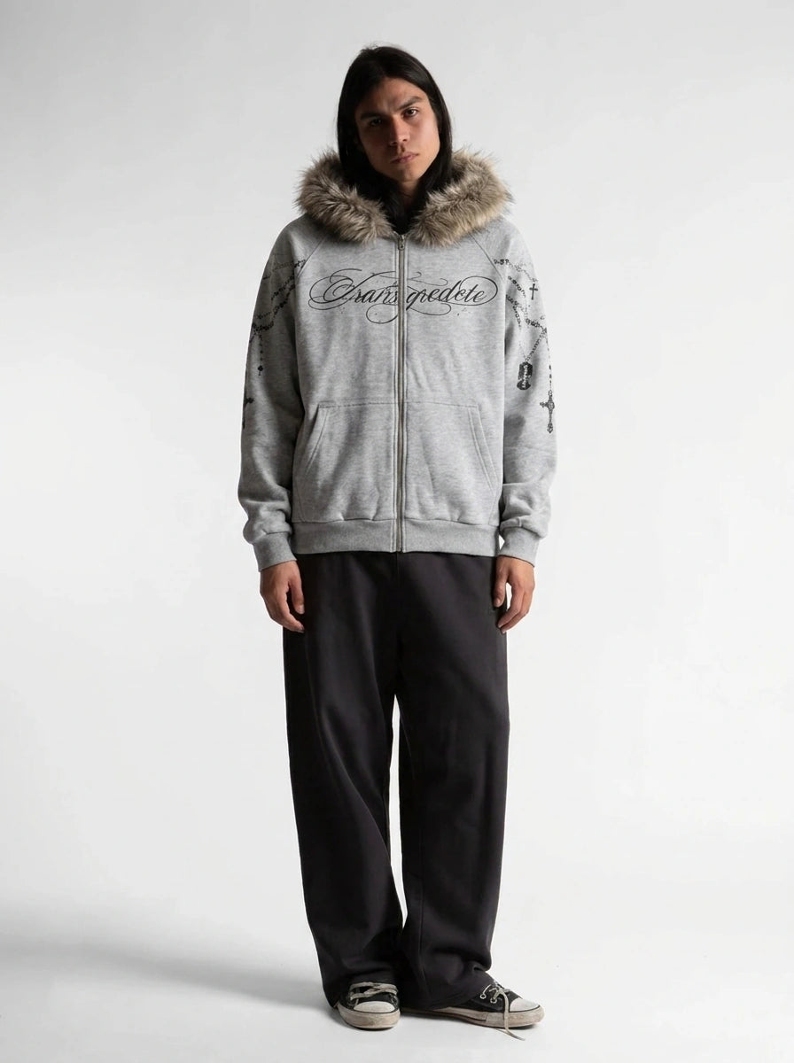 Riot Cross Rosary Print Faux Fur Hood Zip-Up Jacket