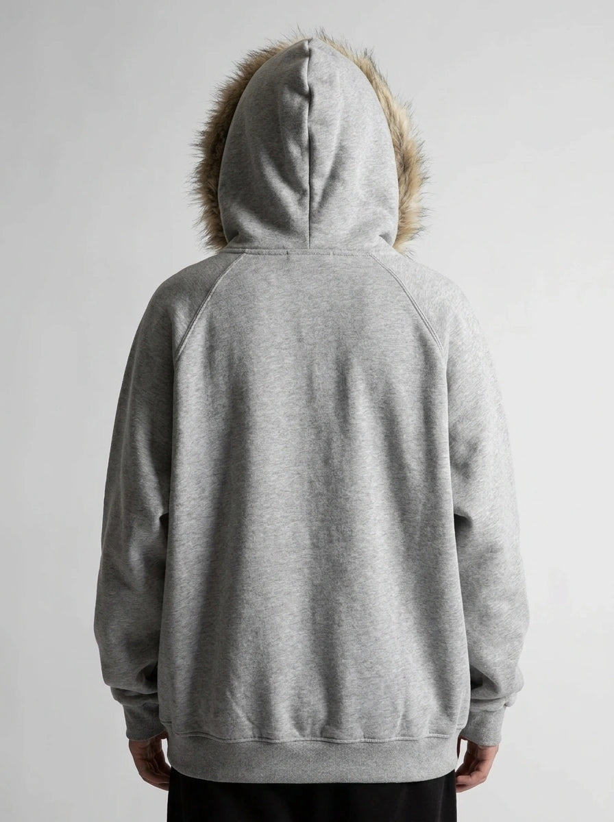 Riot Cross Rosary Print Faux Fur Hood Zip-Up Jacket