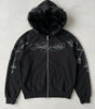 Riot Cross Rosary Print Faux Fur Hood Zip-Up Jacket