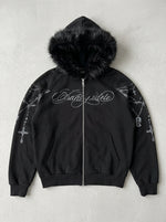 Riot Cross Rosary Print Faux Fur Hood Zip-Up Jacket