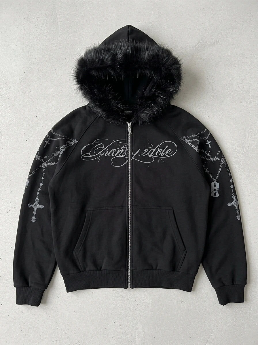 Riot Cross Rosary Print Faux Fur Hood Zip-Up Jacket