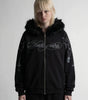 Riot Cross Rosary Print Faux Fur Hood Zip-Up Jacket