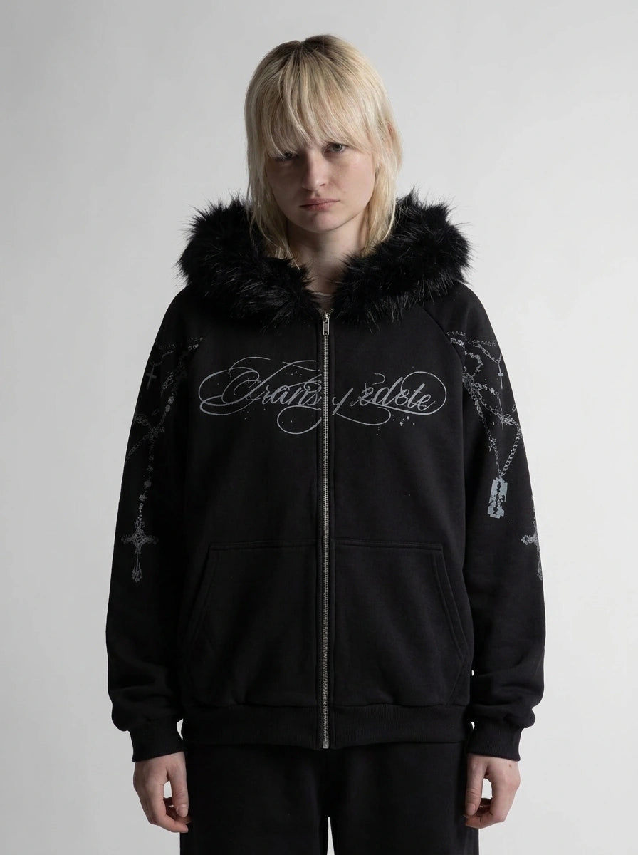 Riot Cross Rosary Print Faux Fur Hood Zip-Up Jacket