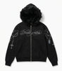 Riot Cross Rosary Print Faux Fur Hood Zip-Up Jacket