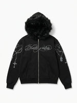 Riot Cross Rosary Print Faux Fur Hood Zip-Up Jacket