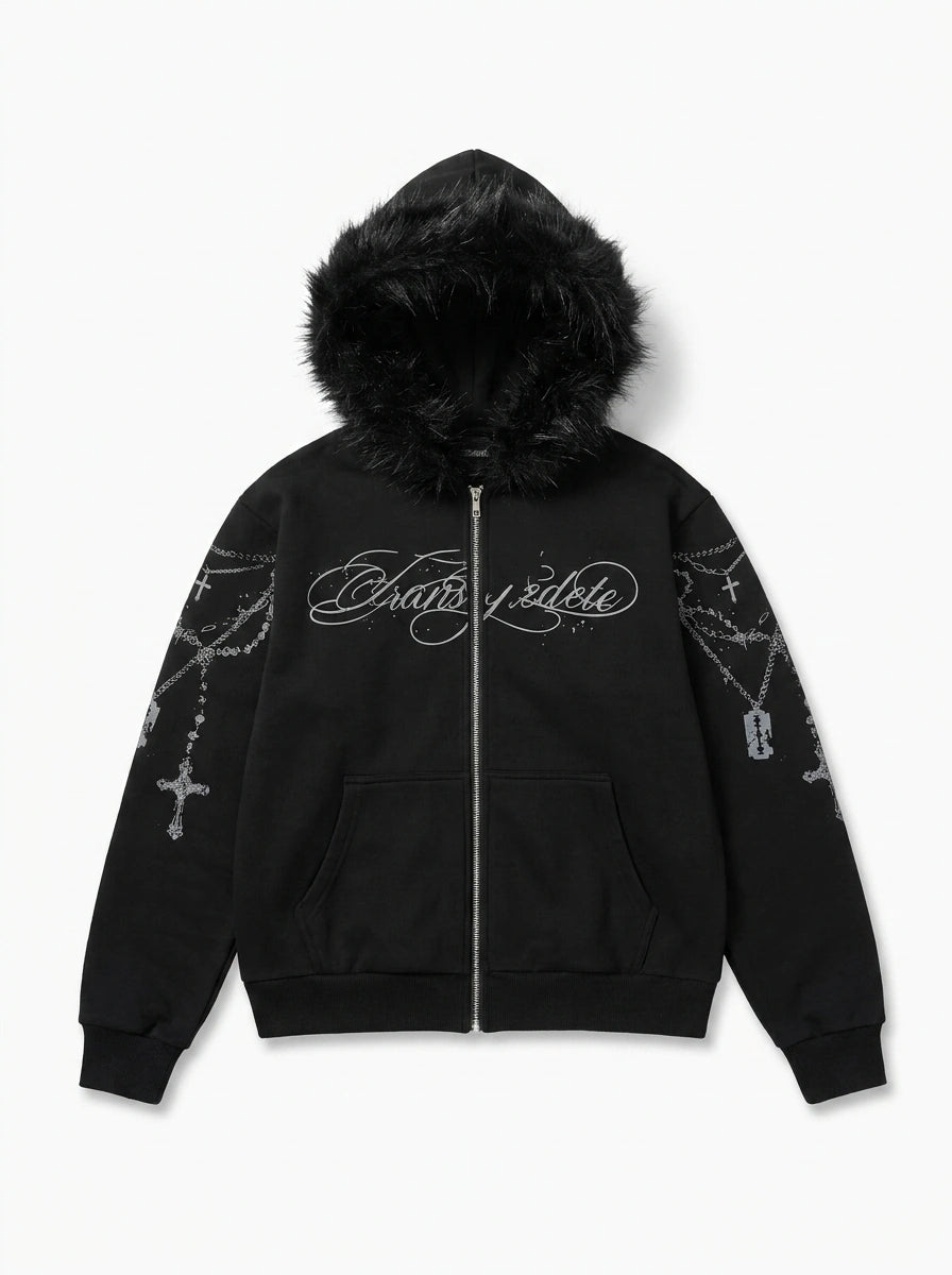 Riot Cross Rosary Print Faux Fur Hood Zip-Up Jacket