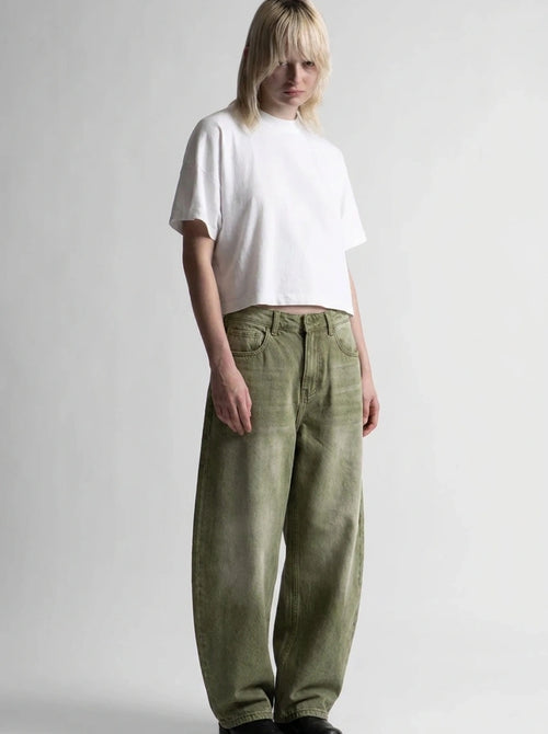 Y2K Baggy Jeans Badge Embroidered Matcha Wash Streetwear — Matcha Washed