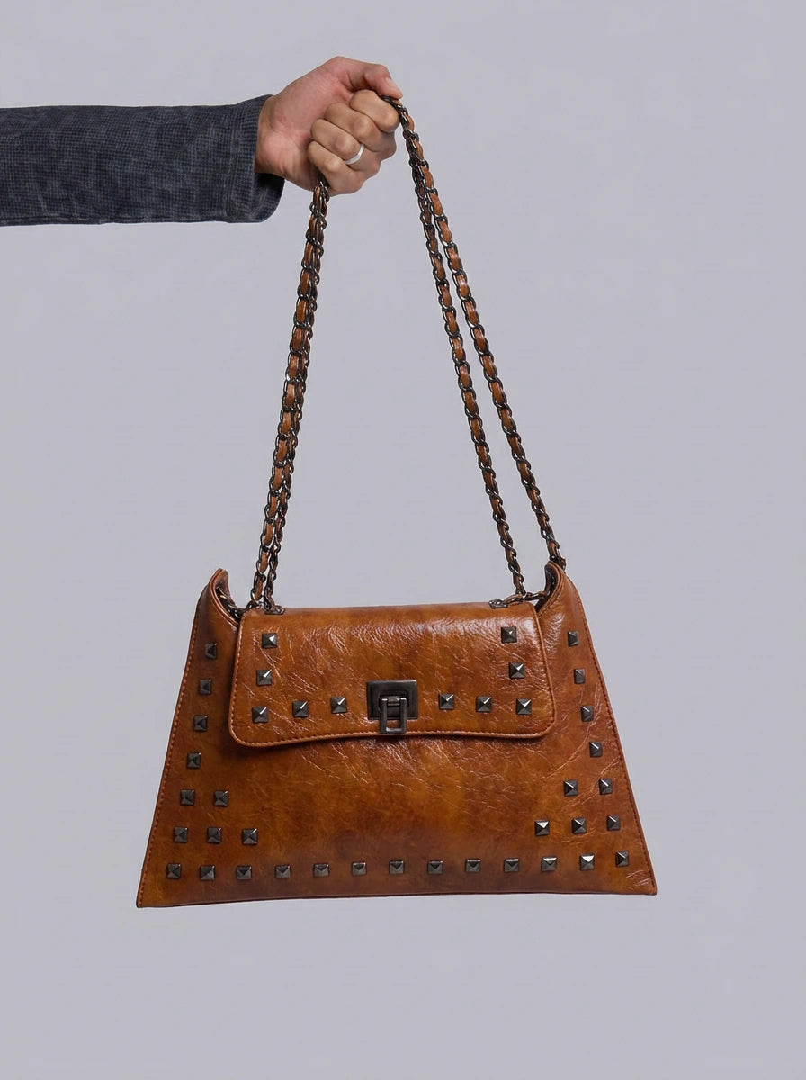 Y2K Shoulder Bag Rivet Turn-Lock Design Chain Strap Brown Streetwear — Vintage Rivet Turn-Lock