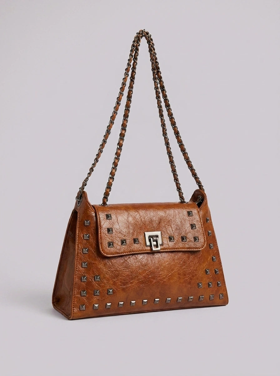 Y2K Shoulder Bag Rivet Turn-Lock Design Chain Strap Brown Streetwear — Vintage Rivet Turn-Lock