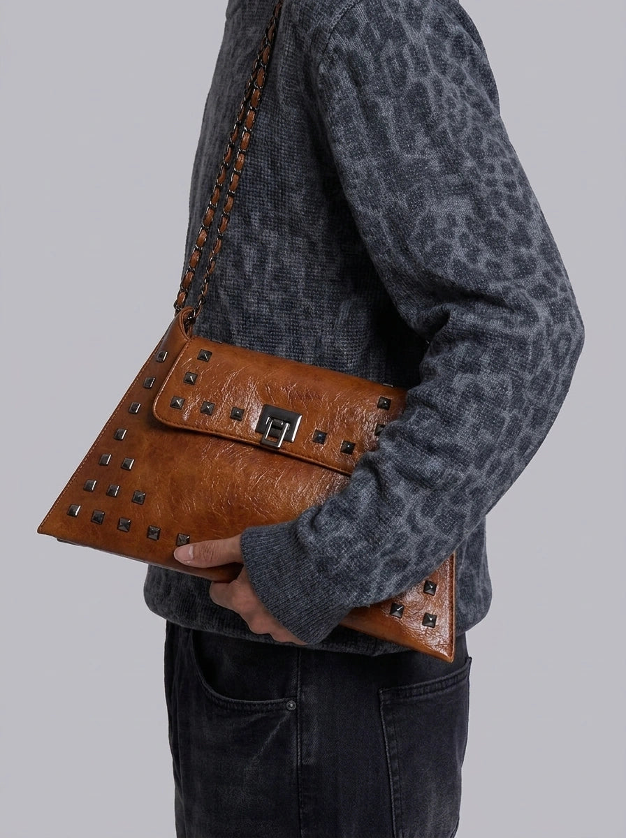 Y2K Shoulder Bag Rivet Turn-Lock Design Chain Strap Brown Streetwear — Vintage Rivet Turn-Lock