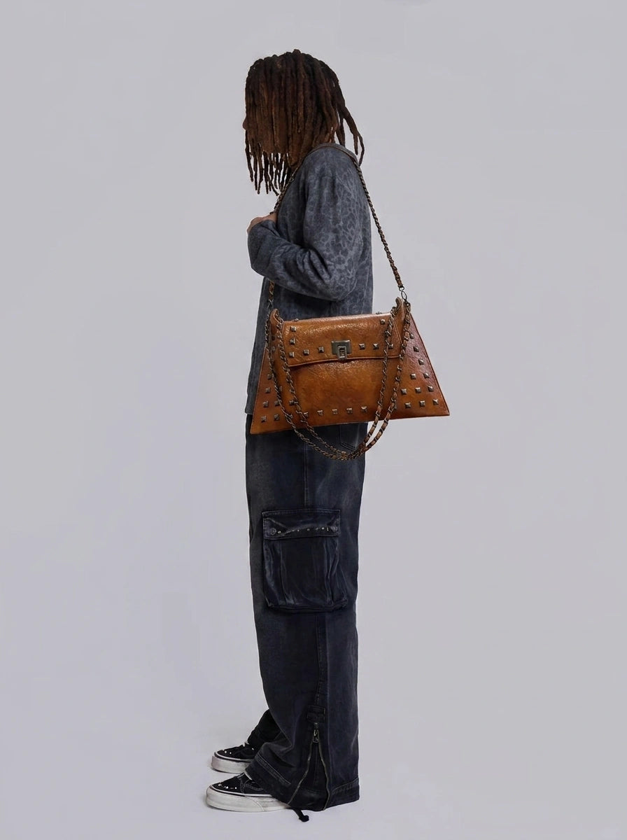 Y2K Shoulder Bag Rivet Turn-Lock Design Chain Strap Brown Streetwear — Vintage Rivet Turn-Lock
