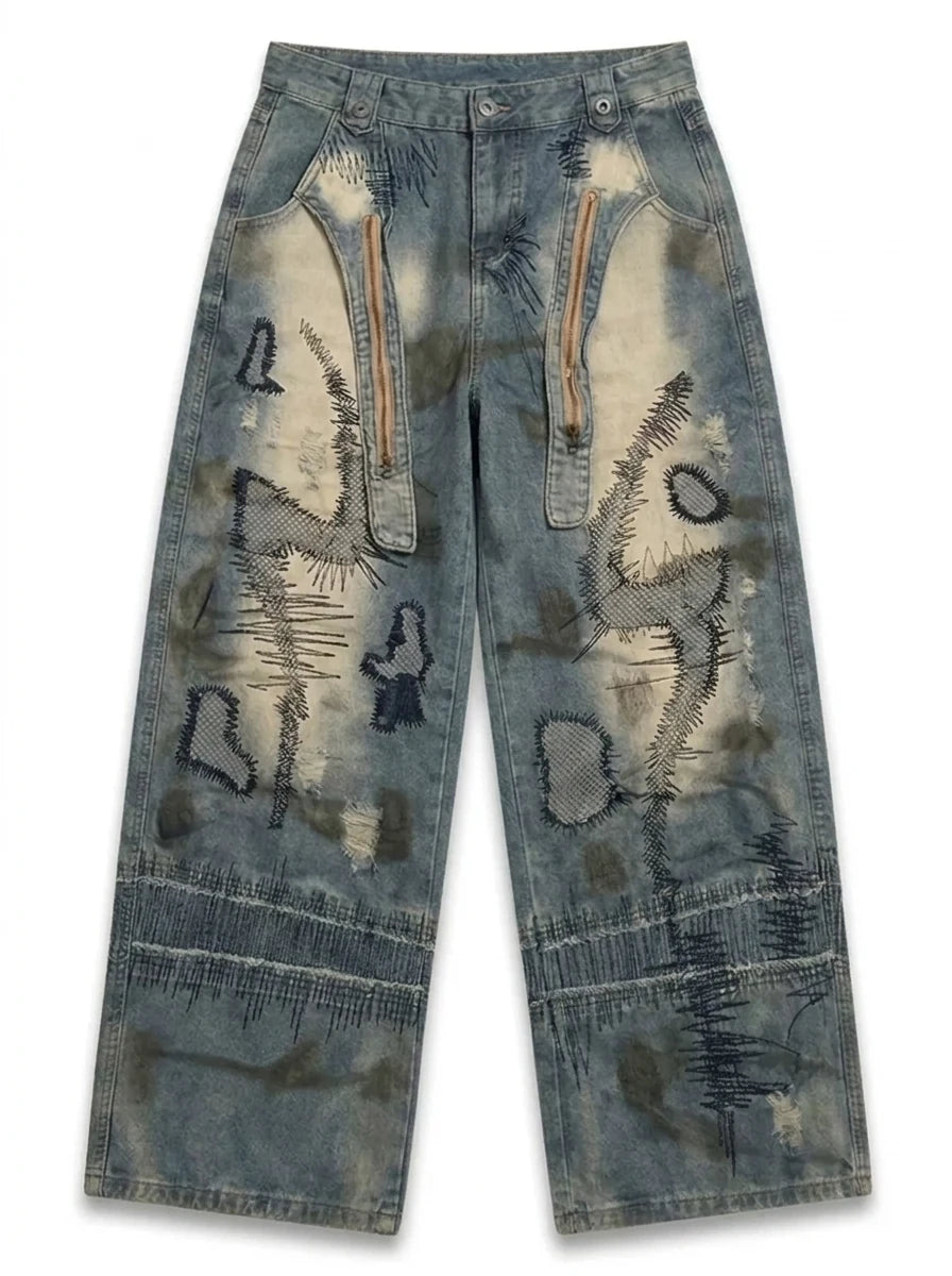 Y2K Baggy Jeans Glitch Fade Print Light Blue Wash Grunge — Glitch Fade