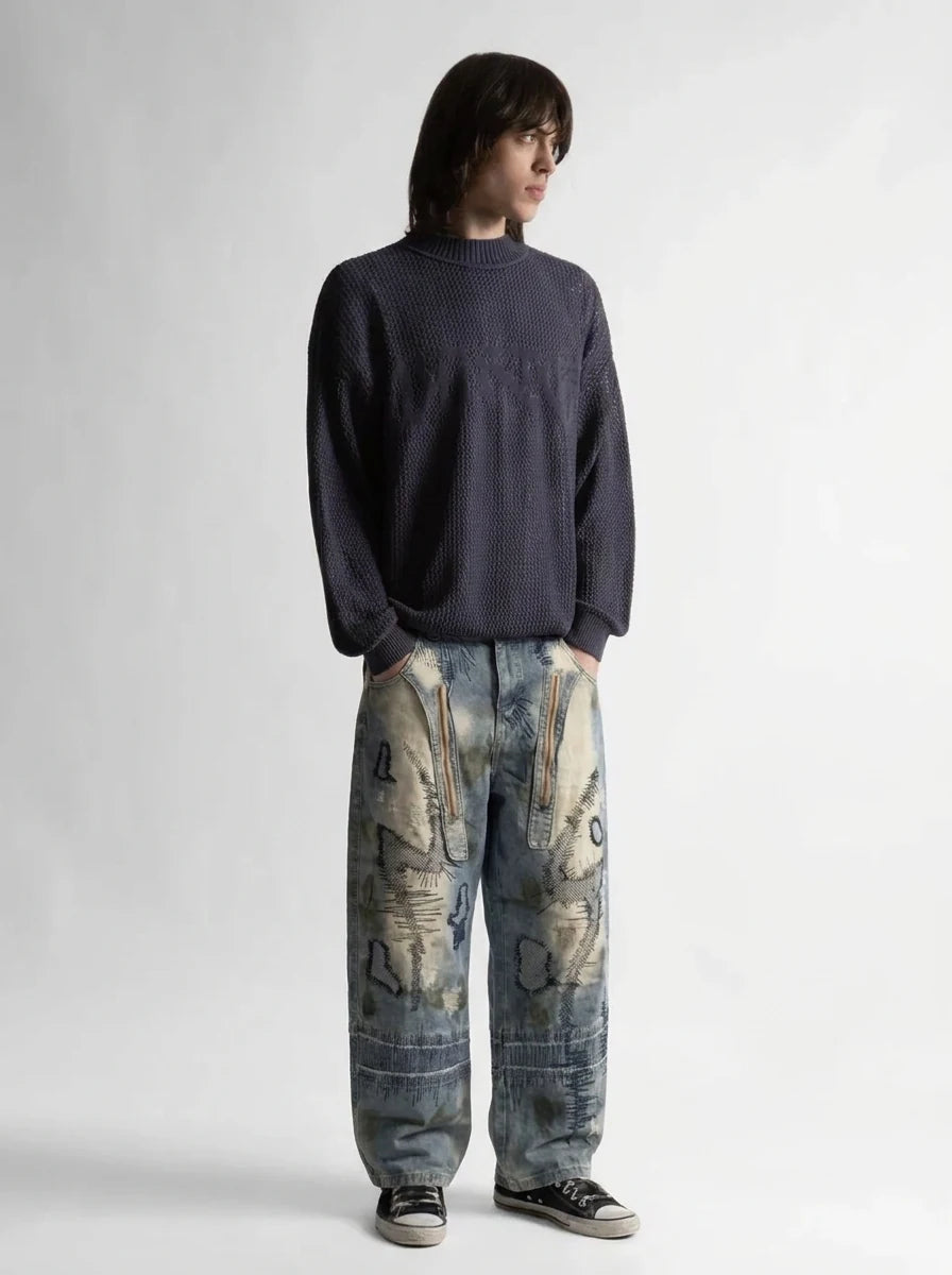 Y2K Baggy Jeans Glitch Fade Print Light Blue Wash Grunge — Glitch Fade