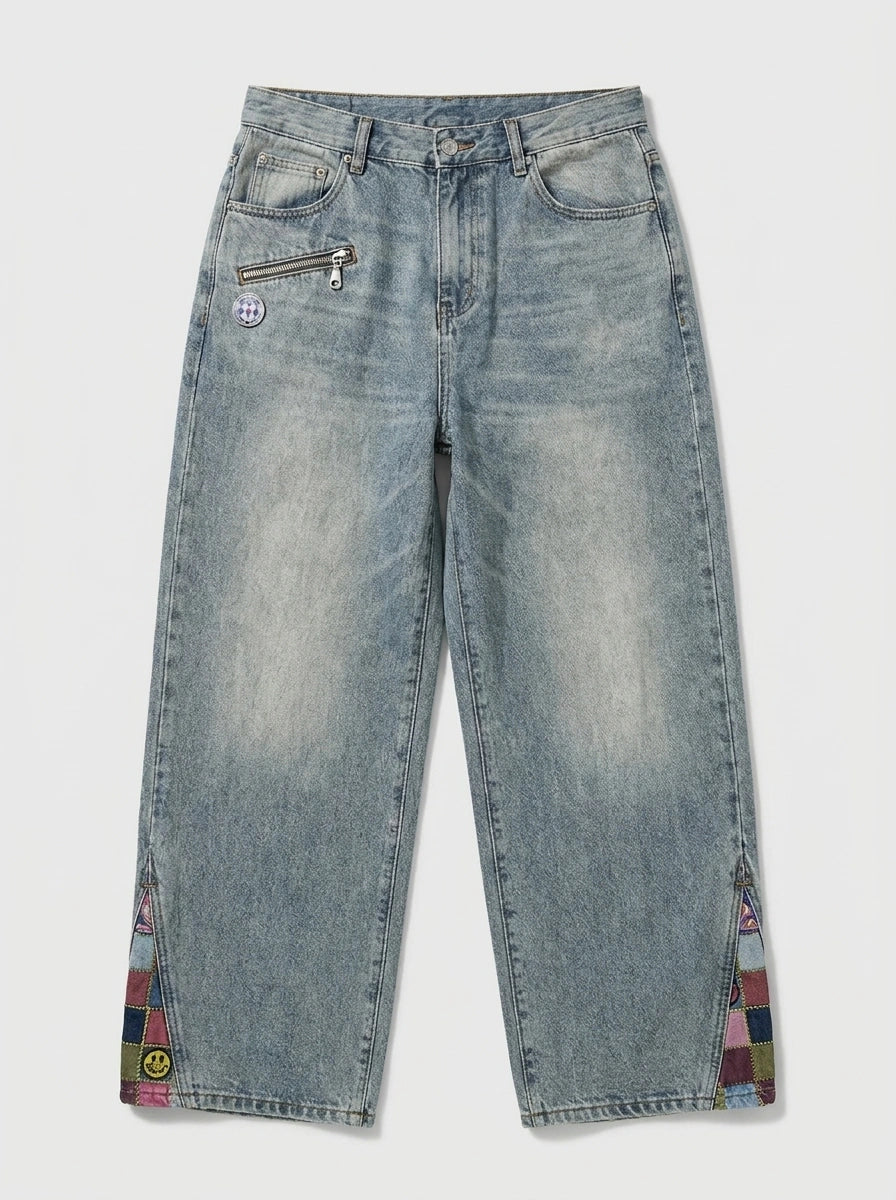 Graphic Zip-Off Panel Wide Leg Jeans in Light Wash