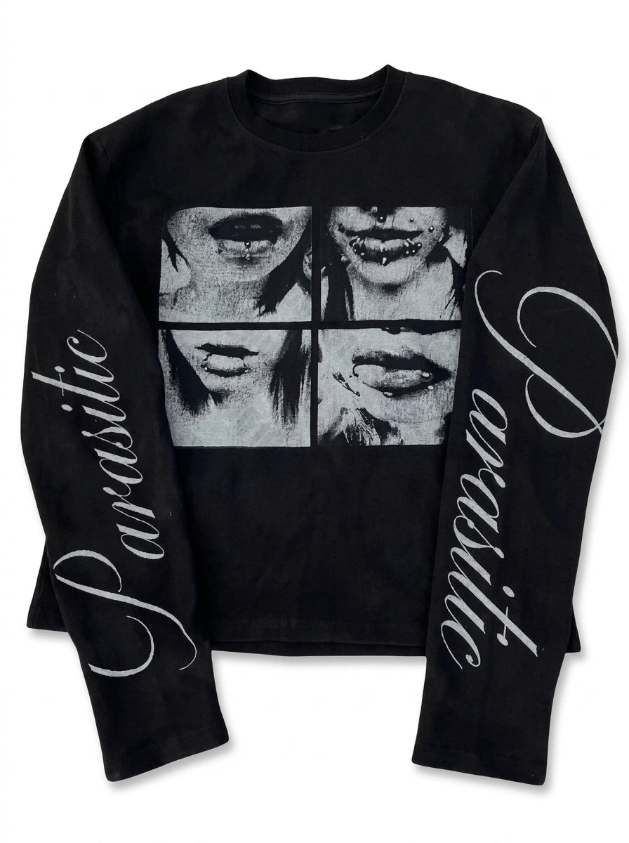 Y2K Long Sleeve Tee Pierced Lips Graphic Script Sleeve Black Gothic — Riot Pierced Lips