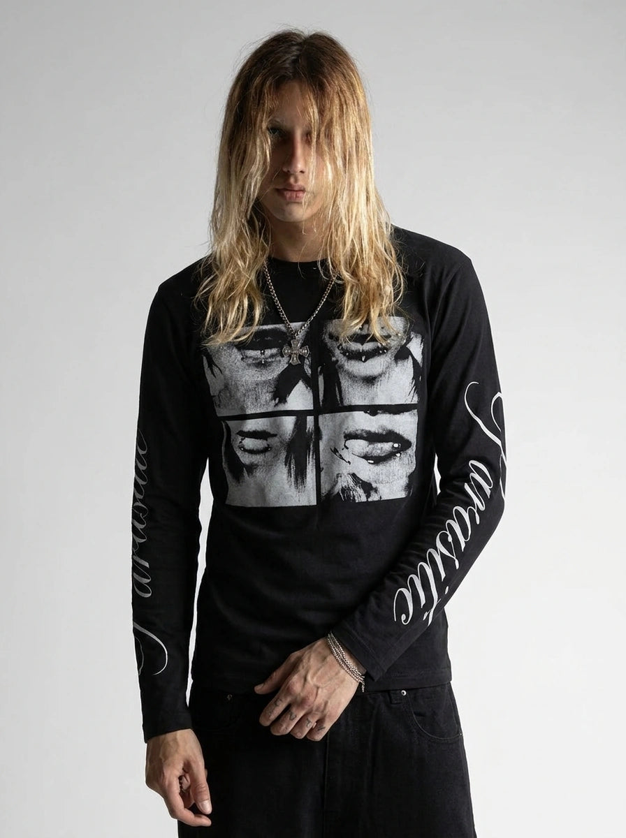 Y2K Long Sleeve Tee Pierced Lips Graphic Script Sleeve Black Gothic — Riot Pierced Lips