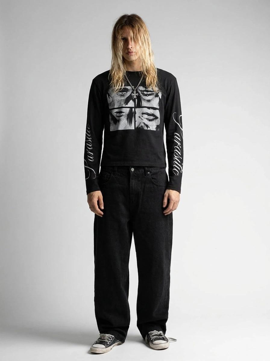 Y2K Long Sleeve Tee Pierced Lips Graphic Script Sleeve Black Gothic — Riot Pierced Lips