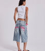 Riot Tag Graffiti Baggy Denim Jorts in Light Wash