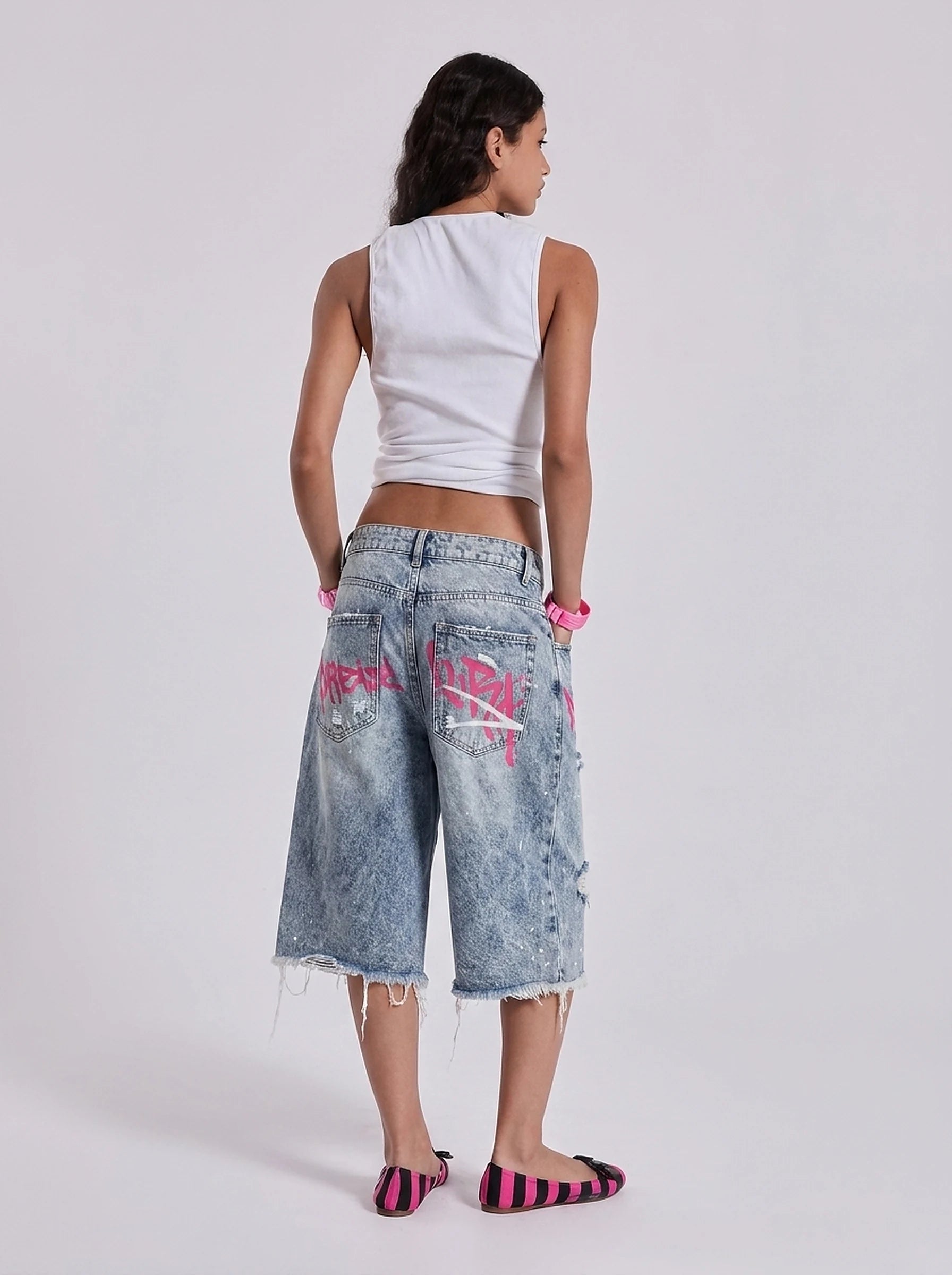 Riot Tag Graffiti Baggy Denim Jorts in Light Wash