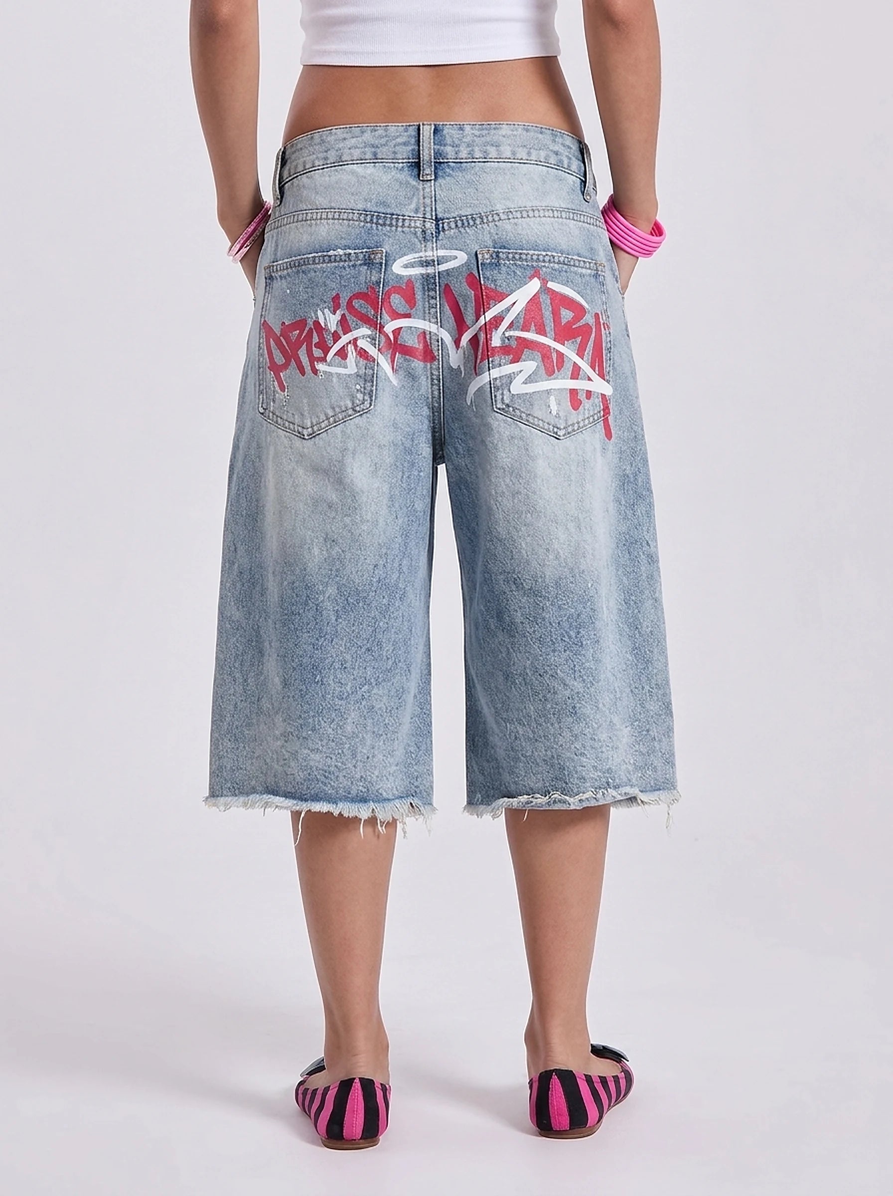 Riot Tag Graffiti Baggy Denim Jorts in Light Wash