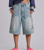 Blossom Trail Floral Embroidered Baggy Denim Jorts in Light Wash
