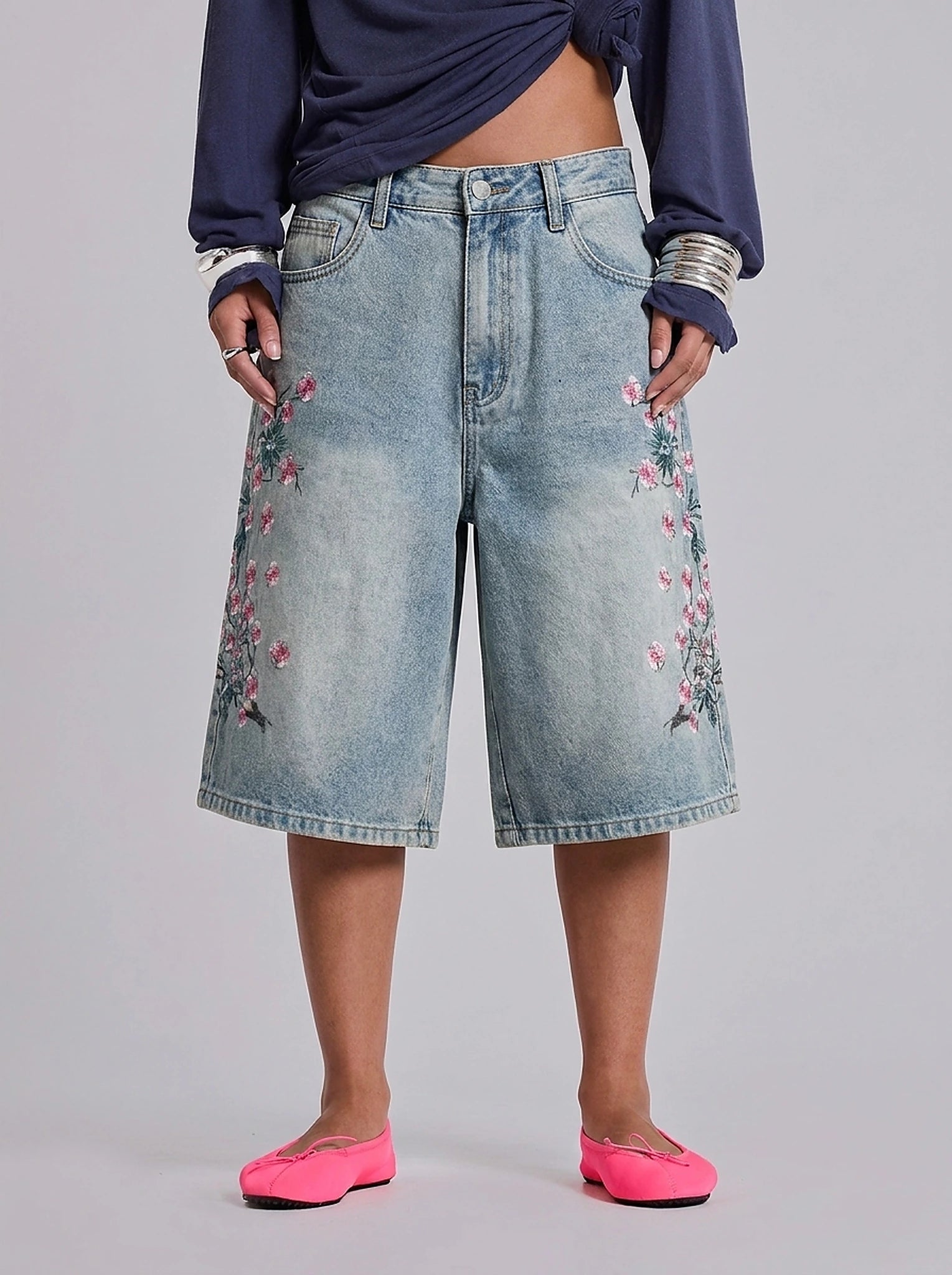Blossom Trail Floral Embroidered Baggy Denim Jorts in Light Wash