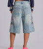 Blossom Trail Floral Embroidered Baggy Denim Jorts in Light Wash