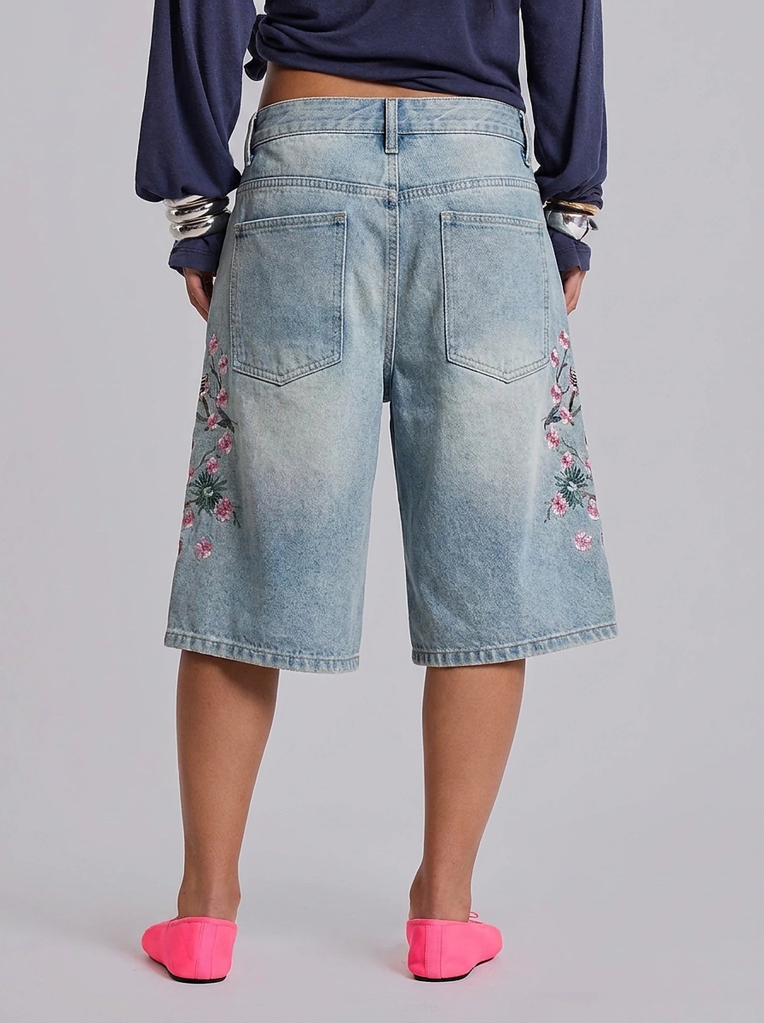 Blossom Trail Floral Embroidered Baggy Denim Jorts in Light Wash