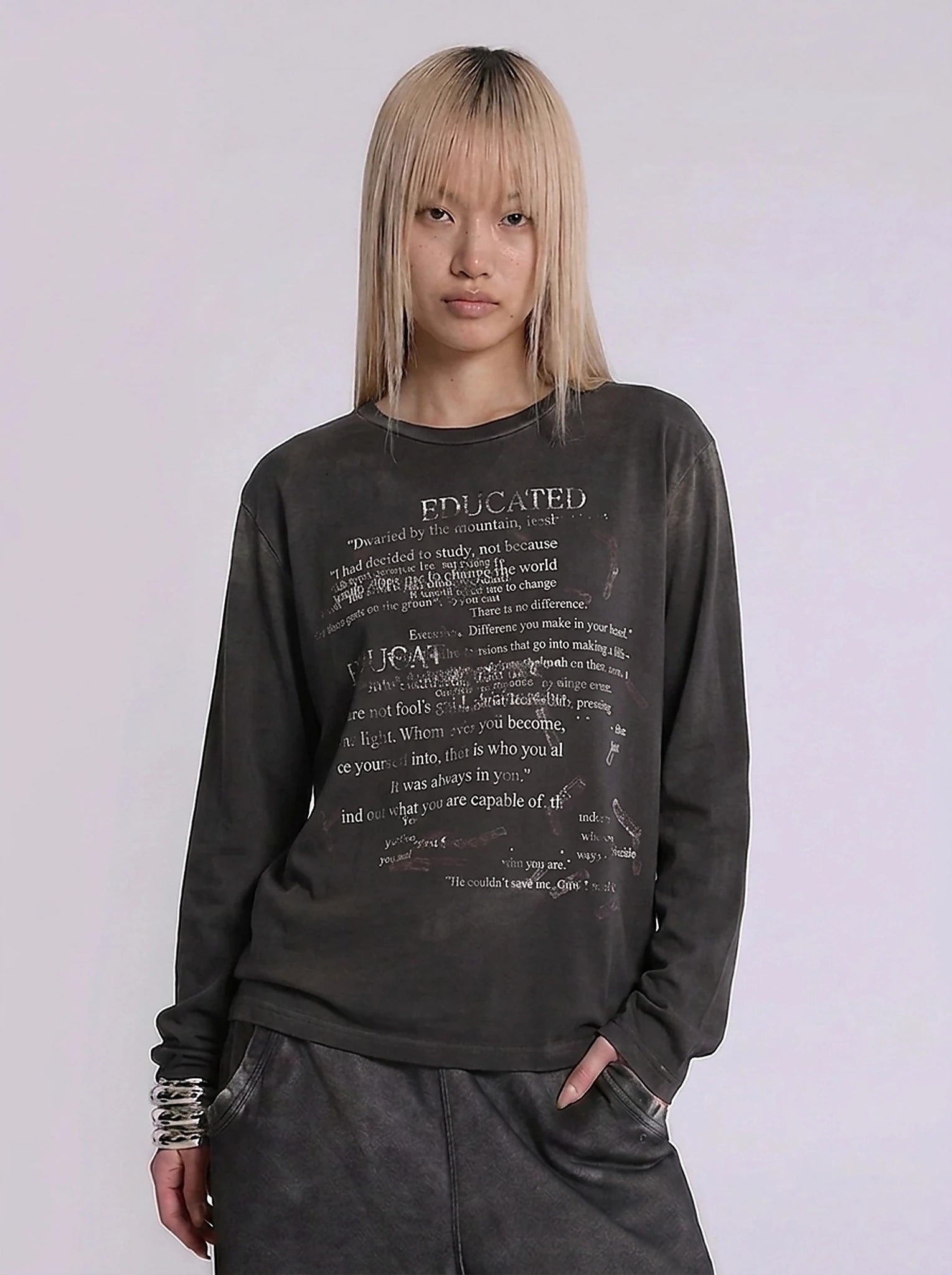Fallen Scholar Distressed Text Graphic Long Sleeve Top in Washed Cream