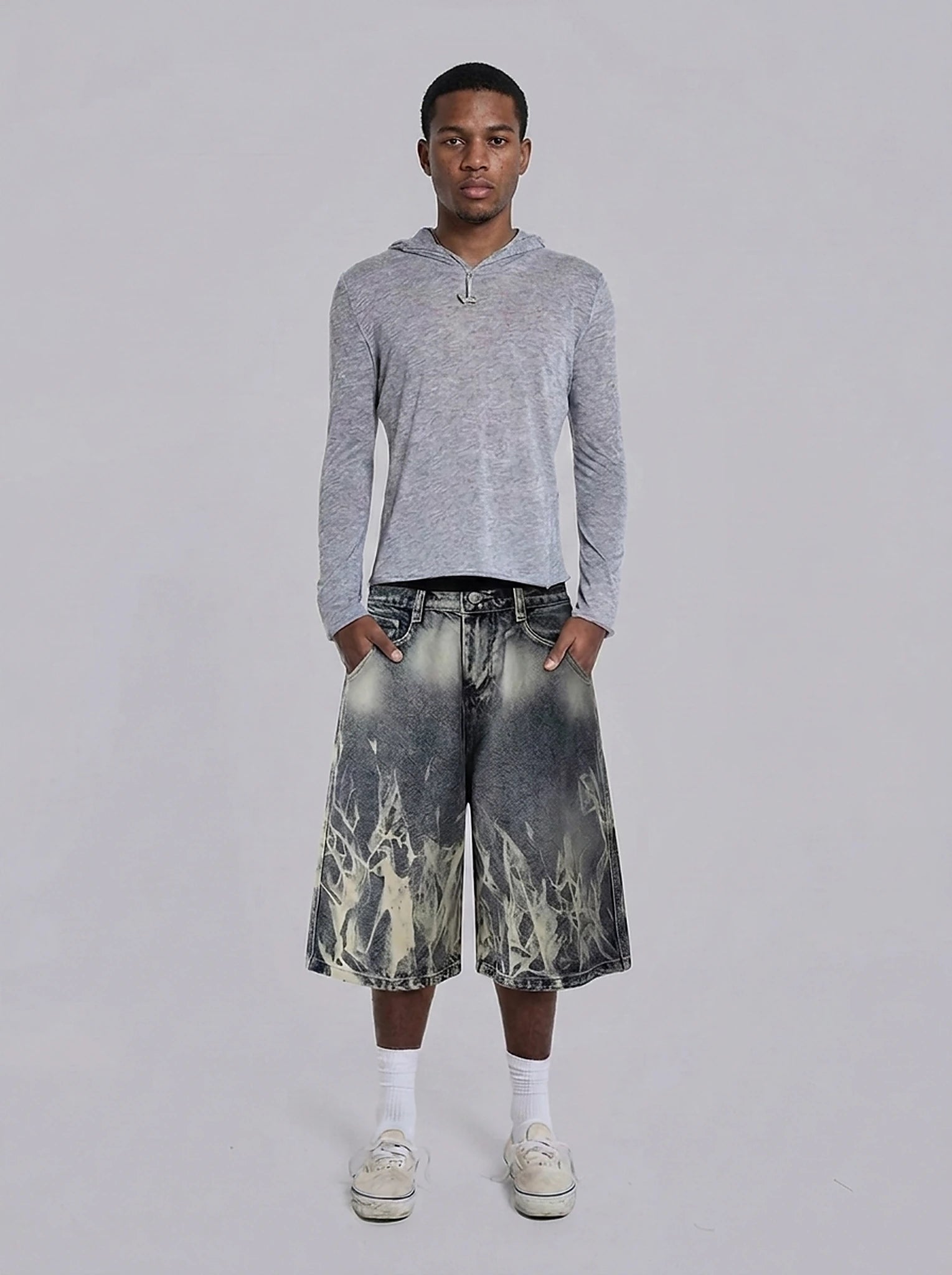 Ash Flame Graphic Baggy Denim Jorts in Black Wash