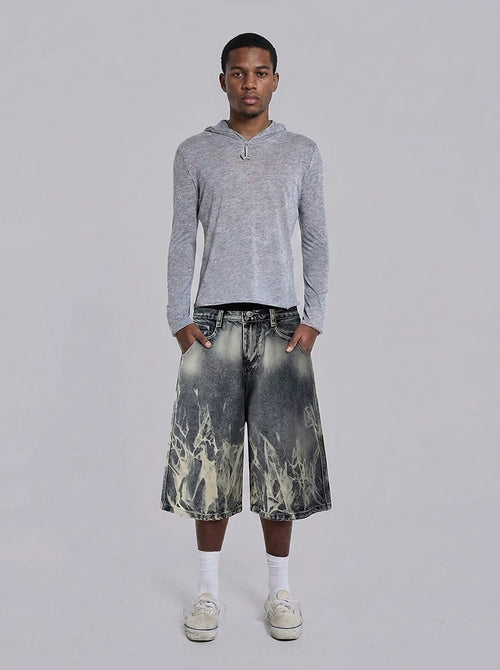 Ash Flame Graphic Baggy Denim Jorts in Black Wash