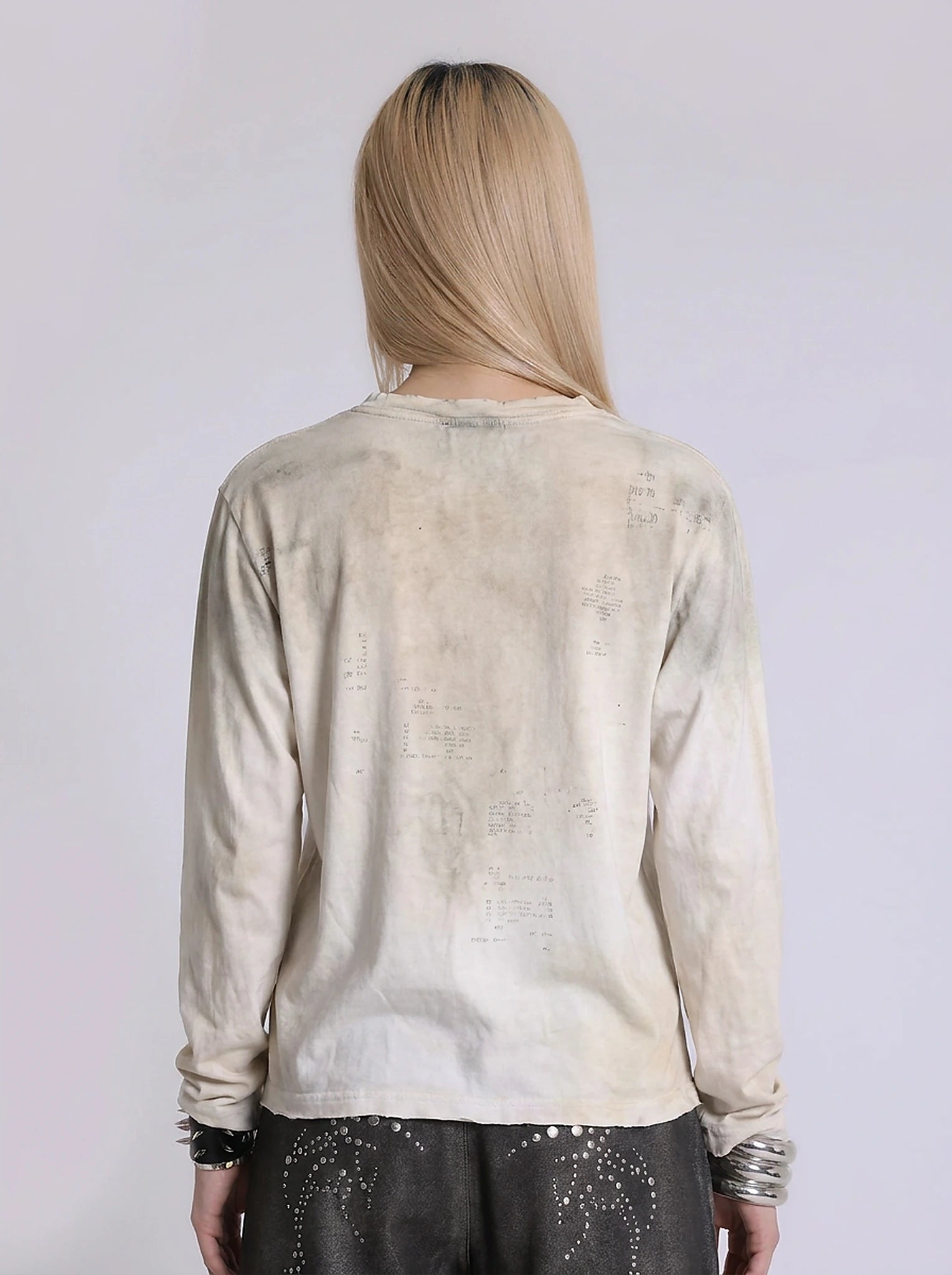 Fallen Scholar Distressed Text Graphic Long Sleeve Top in Washed Cream